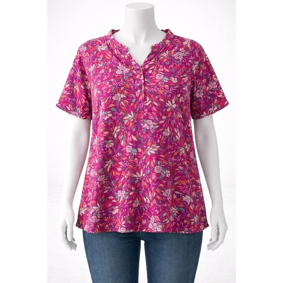 Denim & Co. Tops - NWOT Denim & Company Magenta Floral Ruffle Button Front Blouse XS Short Sleeve